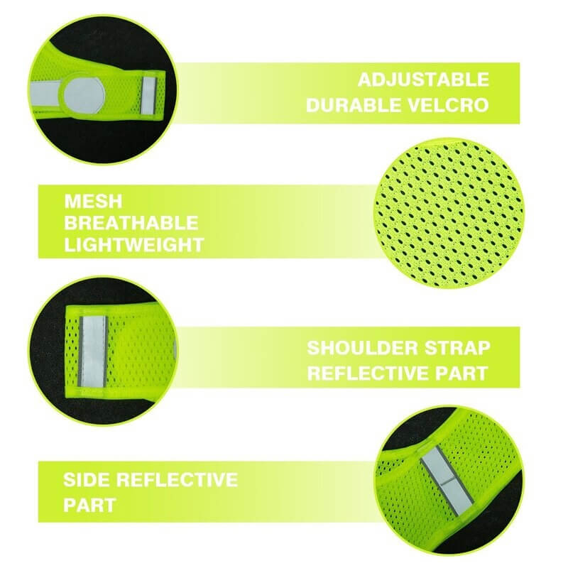 Detailed view of Outdoor Reflective Security Vest for Cycling or Running, highlighting adjustable Velcro, breathable mesh, and reflective parts.